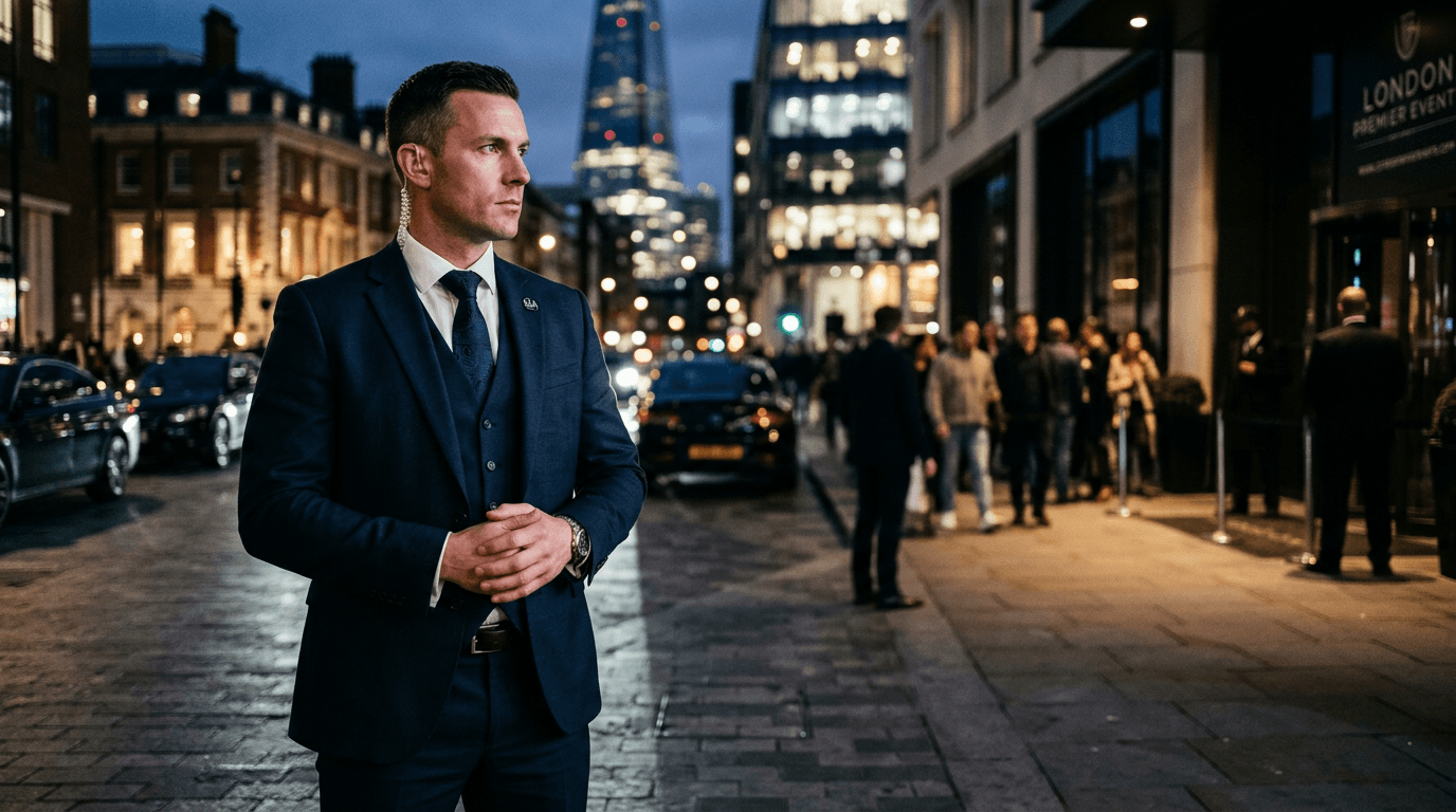 Close protection operative scanning a venue